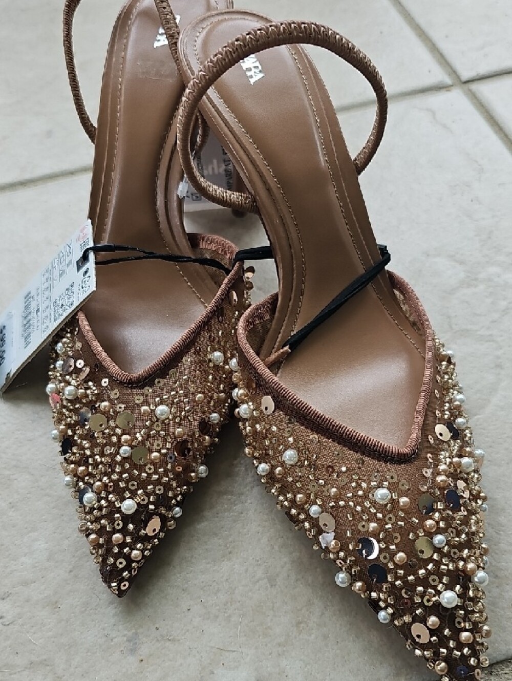 Zara Brown Embellished Pointed Slingback Heels - Picture 3 of 9